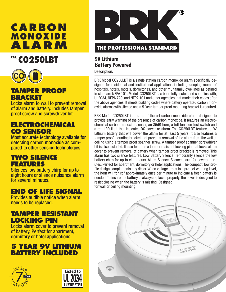 BRK electronic Carbon Monoxide Alarm C0250LBT User Manual | 2 pages