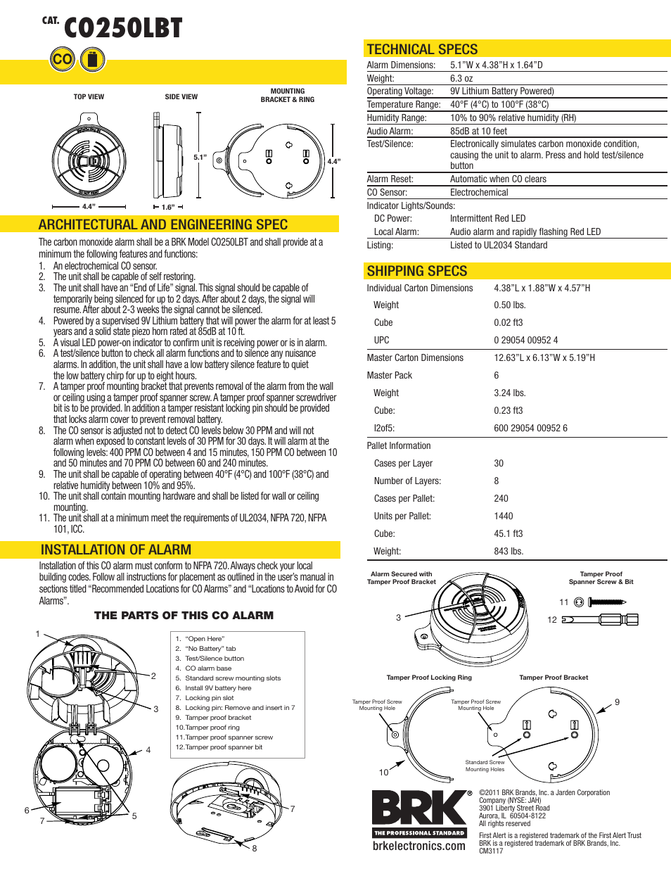 Co250lbt | BRK electronic Carbon Monoxide Alarm C0250LBT User Manual | Page 2 / 2