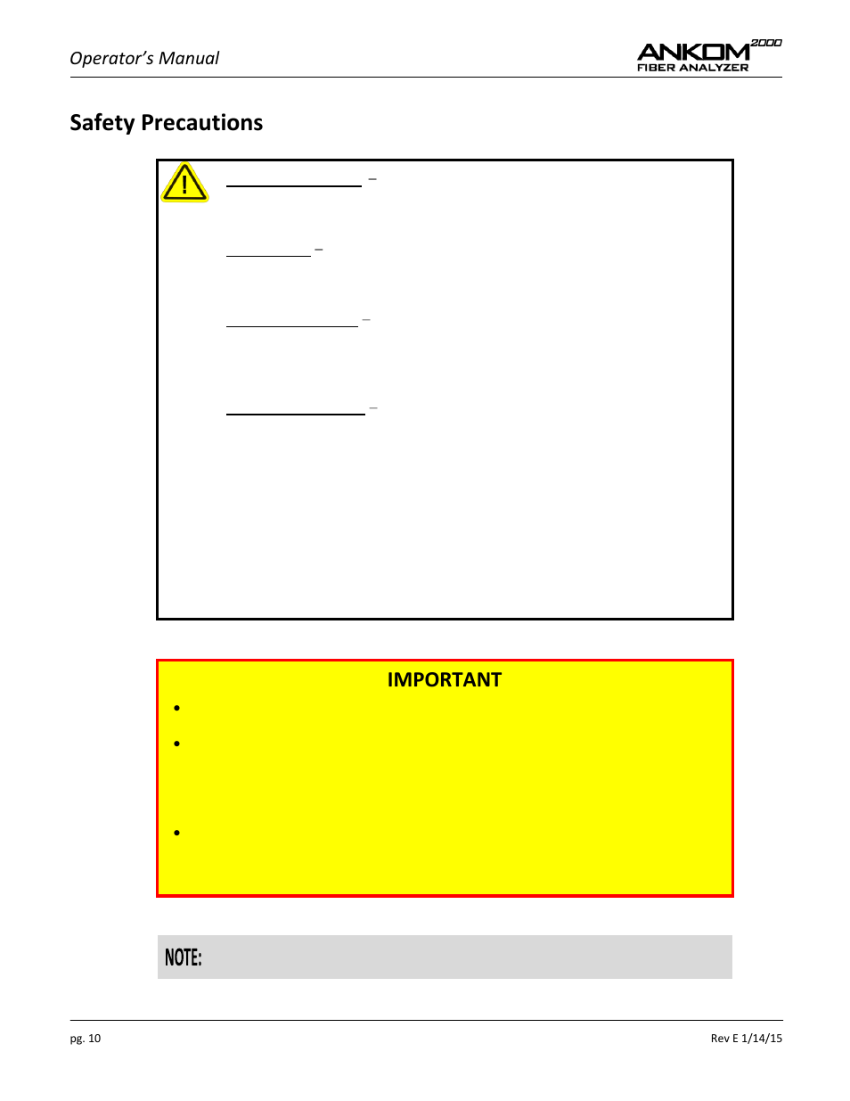 Safety precautions, Important, Operator’s manual | ANKOM 2000 Series User Manual | Page 10 / 52