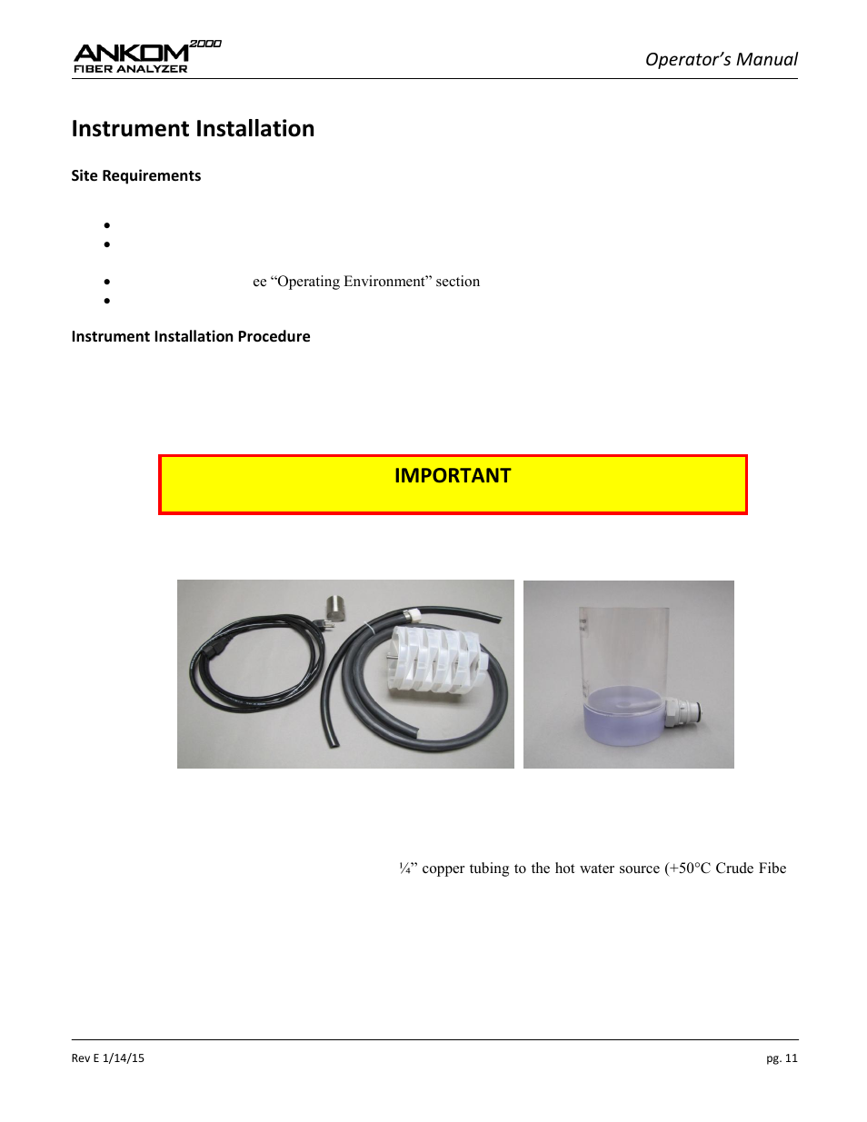 Instrument installation, Important, Operator’s manual | ANKOM 2000 Series User Manual | Page 11 / 52