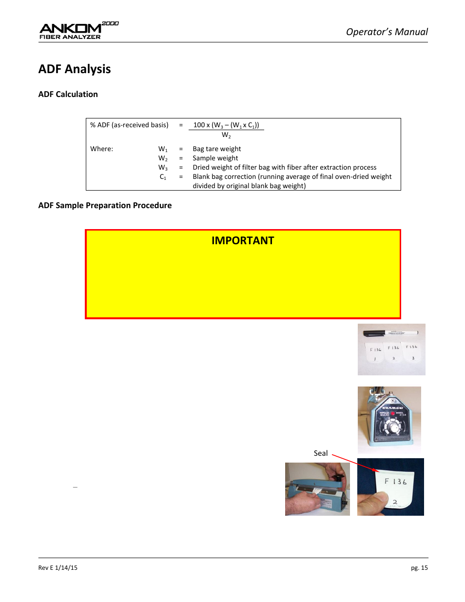 Adf analysis, Important, Operator’s manual | ANKOM 2000 Series User Manual | Page 15 / 52