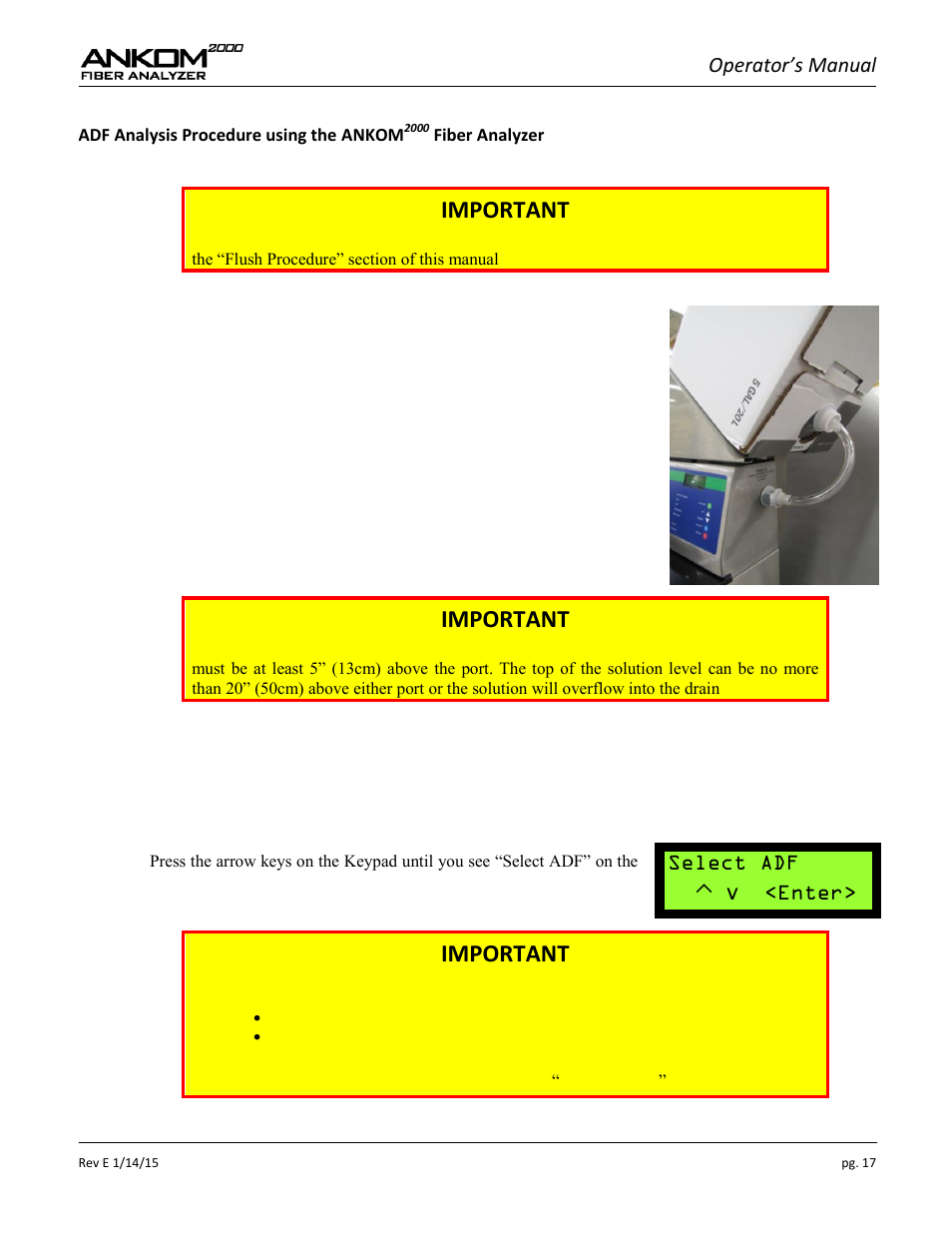 Important, Operator’s manual, Select adf  v <enter | ANKOM 2000 Series User Manual | Page 17 / 52
