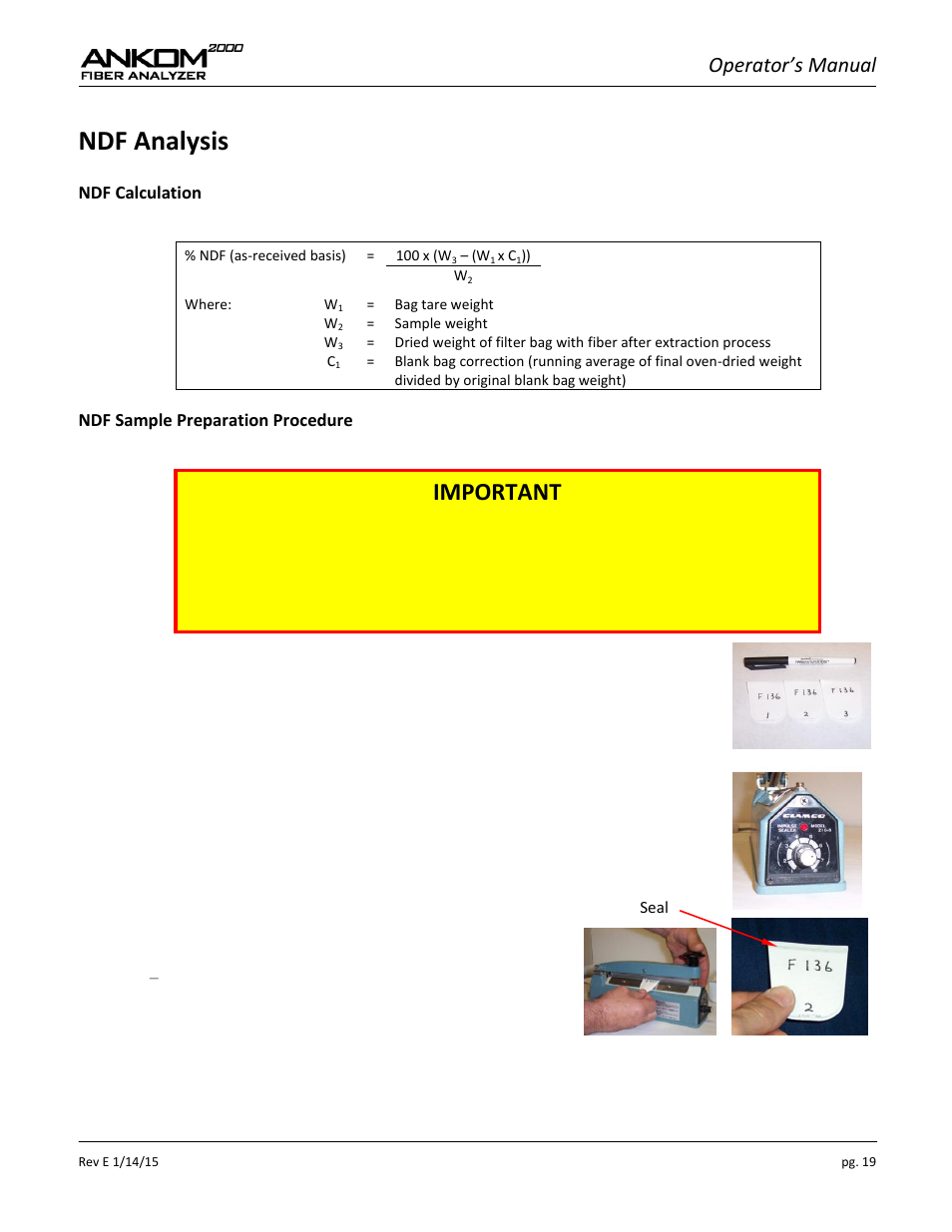 Ndf analysis, Important, Operator’s manual | ANKOM 2000 Series User Manual | Page 19 / 52