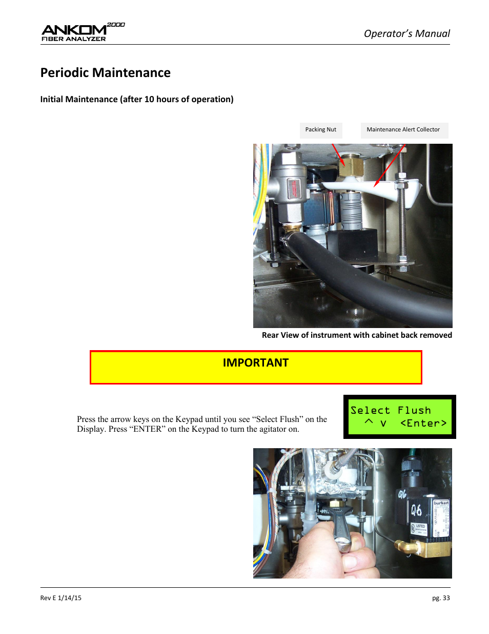 Periodic maintenance, Important, Operator’s manual | Select flush  v <enter | ANKOM 2000 Series User Manual | Page 33 / 52