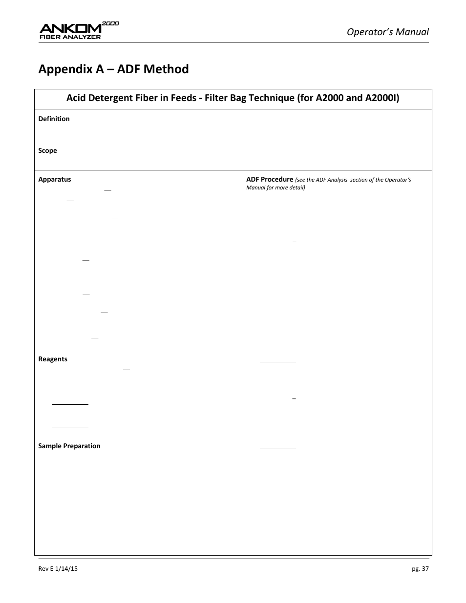 Appendix a – adf method, Operator’s manual | ANKOM 2000 Series User Manual | Page 37 / 52
