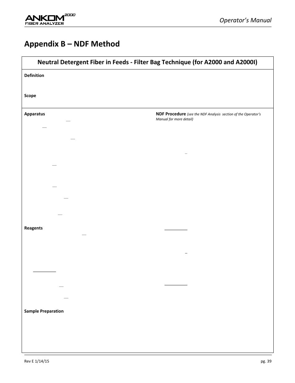 Appendix b – ndf method, Operator’s manual | ANKOM 2000 Series User Manual | Page 39 / 52