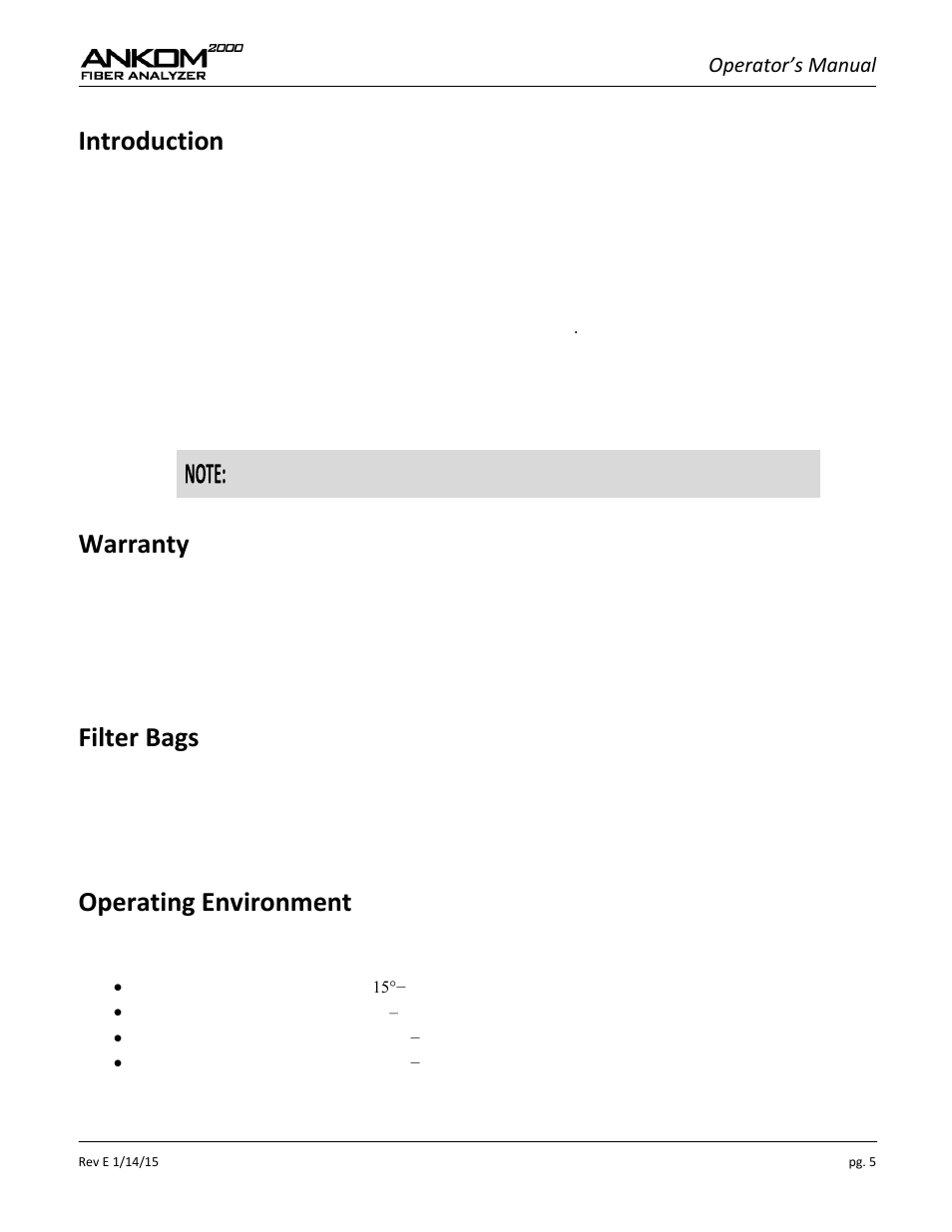 Introduction, Warranty, Filter bags | Operating environment, Operator’s manual | ANKOM 2000 Series User Manual | Page 5 / 52