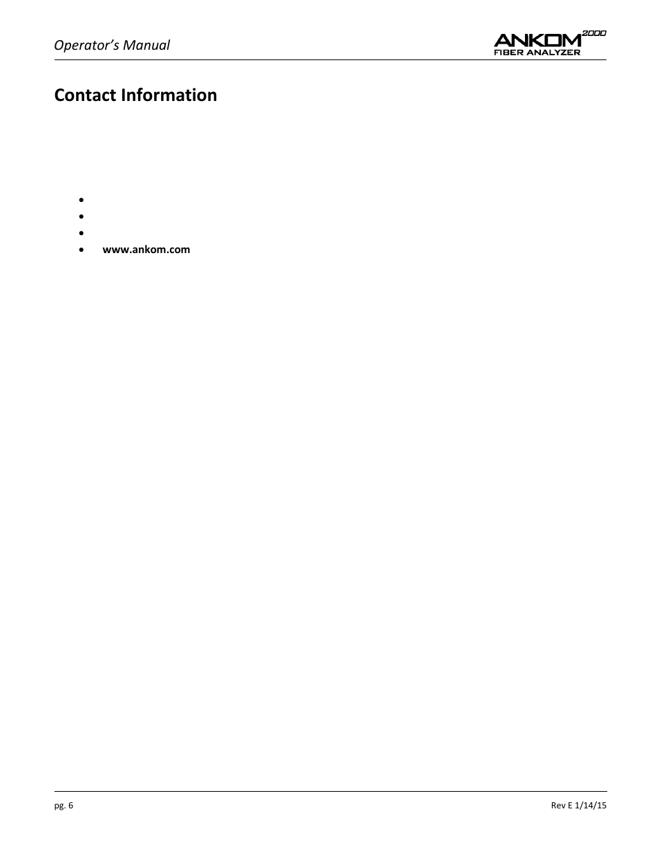 Contact information, Operator’s manual | ANKOM 2000 Series User Manual | Page 6 / 52