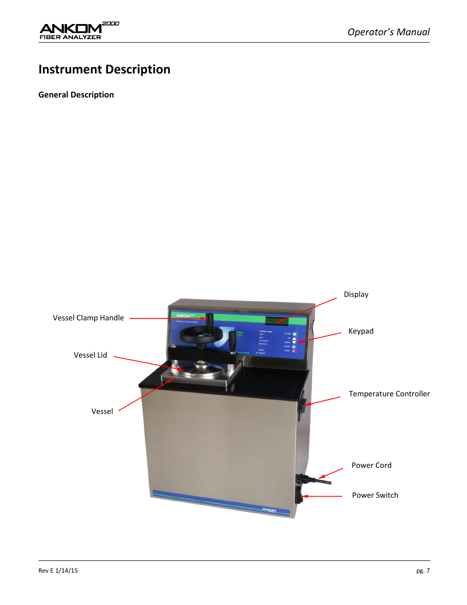 Instrument description, Operator’s manual | ANKOM 2000 Series User Manual | Page 7 / 52