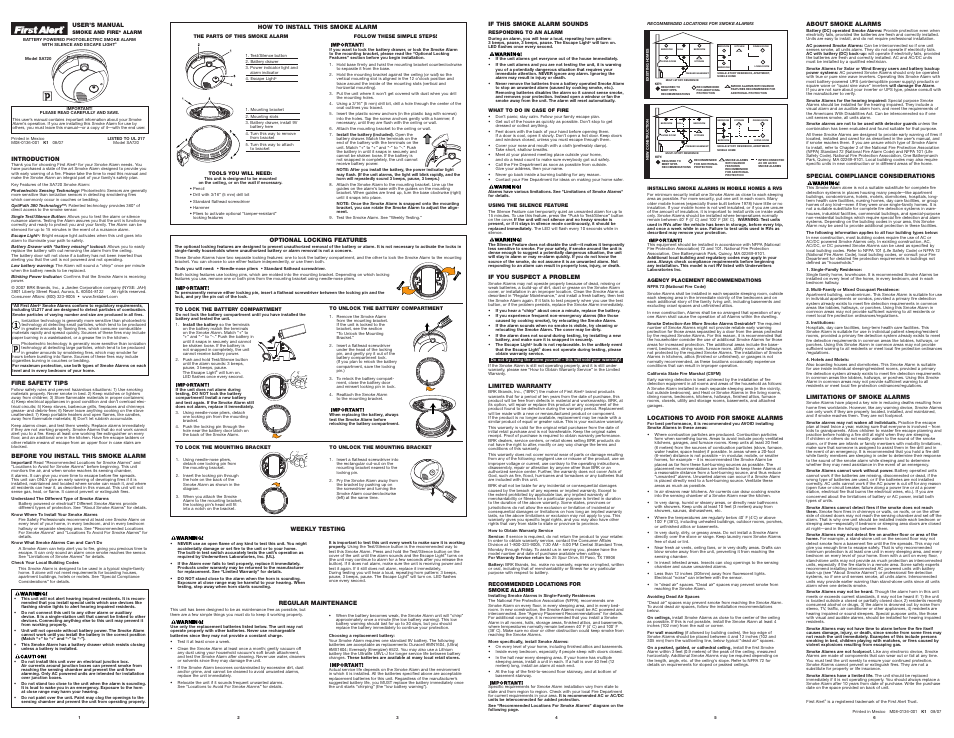 BRK electronic SA720 User Manual | 1 page