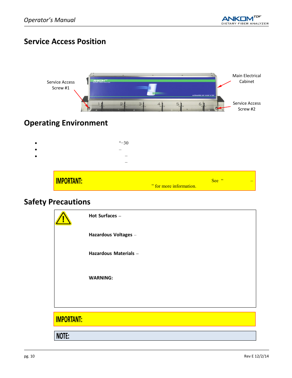 Service access position, Operating environment, Safety precautions | Operator’s manual | ANKOM TDF Dietary User Manual | Page 10 / 96