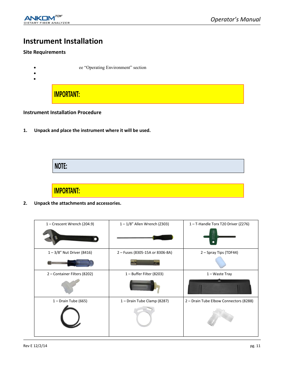 Instrument installation, Operator’s manual | ANKOM TDF Dietary User Manual | Page 11 / 96