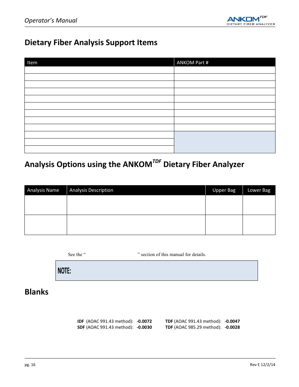Dietary fiber analysis support items, Analysis options using the ankom, Dietary fiber analyzer | Blanks, Operator’s manual | ANKOM TDF Dietary User Manual | Page 16 / 96
