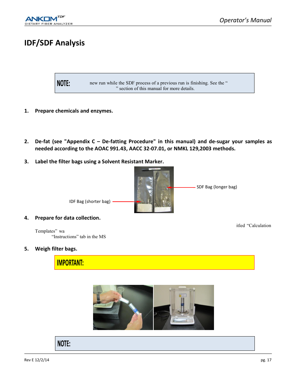 Idf/sdf analysis, Operator’s manual | ANKOM TDF Dietary User Manual | Page 17 / 96