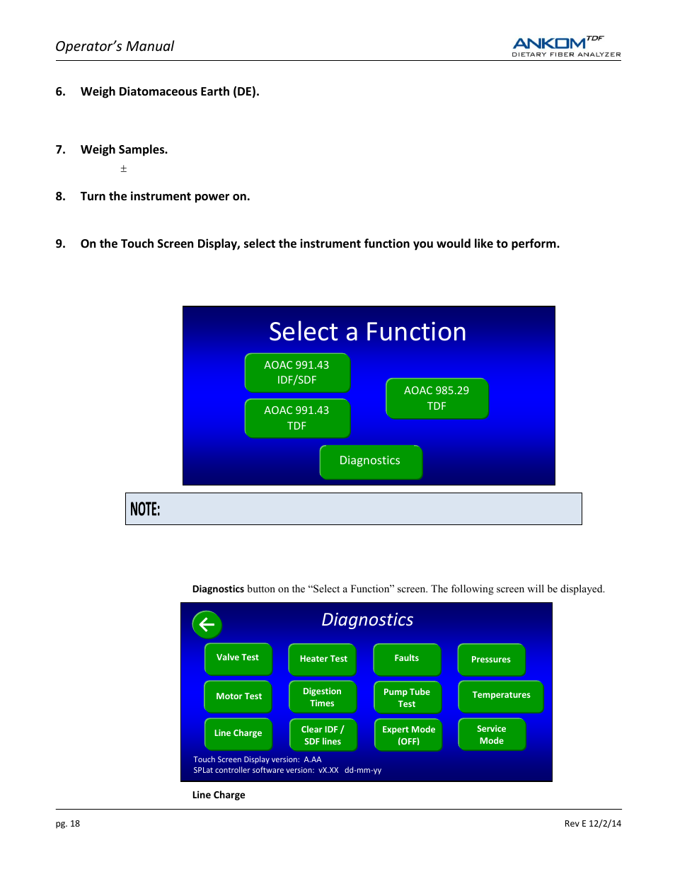 Select a function, Diagnostics | ANKOM TDF Dietary User Manual | Page 18 / 96