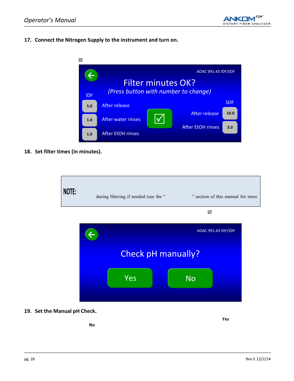Check ph manually, Filter minutes ok, Yes no | ANKOM TDF Dietary User Manual | Page 26 / 96