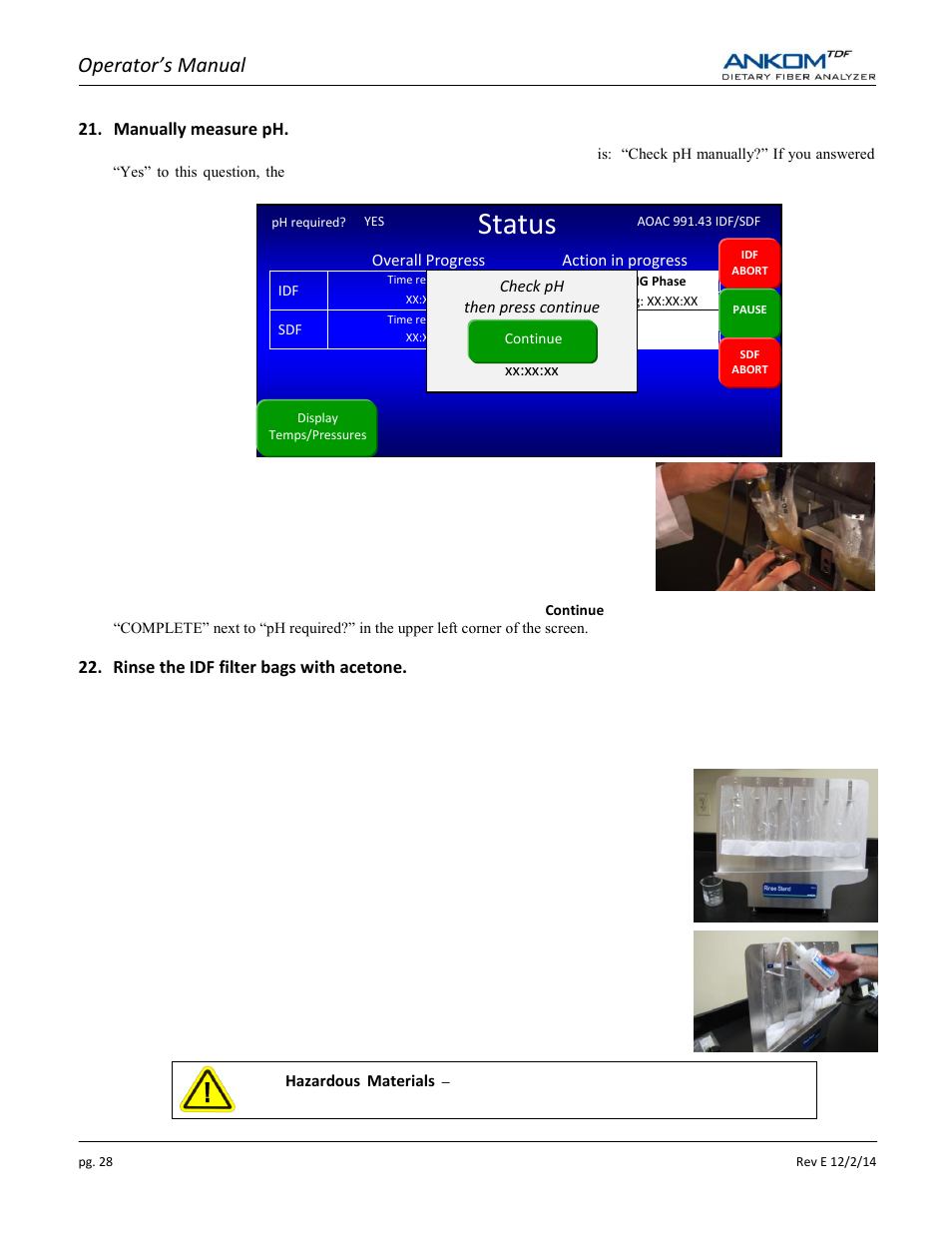 Status, Operator’s manual | ANKOM TDF Dietary User Manual | Page 28 / 96