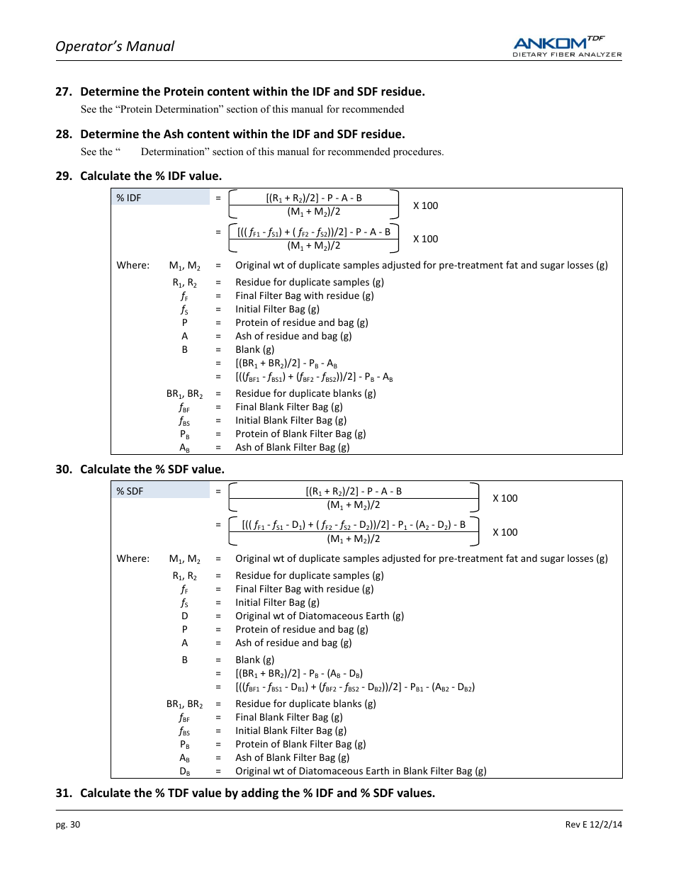 Operator’s manual, Calculate the % idf value, Calculate the % sdf value | ANKOM TDF Dietary User Manual | Page 30 / 96