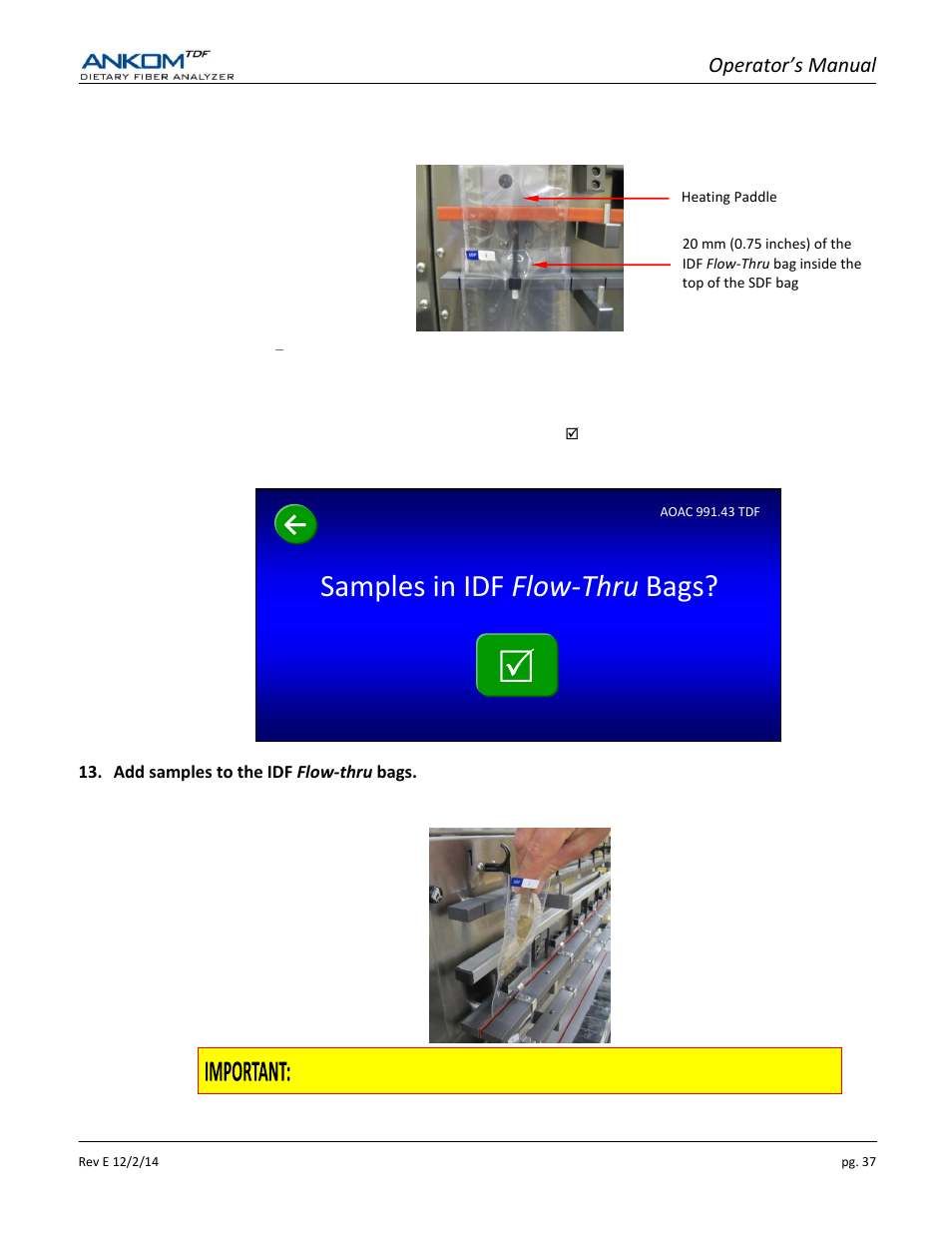 Samples in idf flow-thru bags, Operator’s manual | ANKOM TDF Dietary User Manual | Page 37 / 96