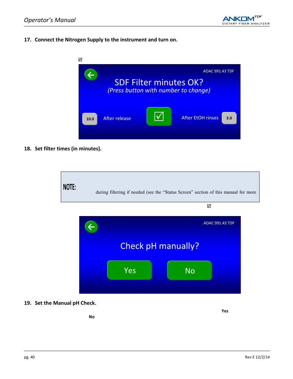 Check ph manually, Sdf filter minutes ok, Yes no | ANKOM TDF Dietary User Manual | Page 40 / 96