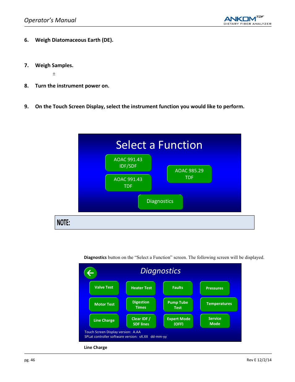 Select a function, Diagnostics, Operator’s manual | ANKOM TDF Dietary User Manual | Page 46 / 96