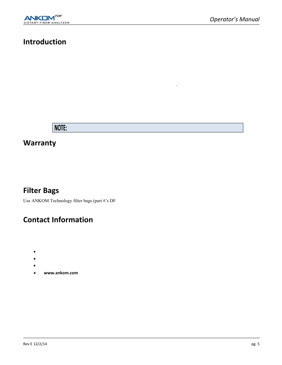 Introduction, Warranty, Filter bags | Contact information, Operator’s manual | ANKOM TDF Dietary User Manual | Page 5 / 96