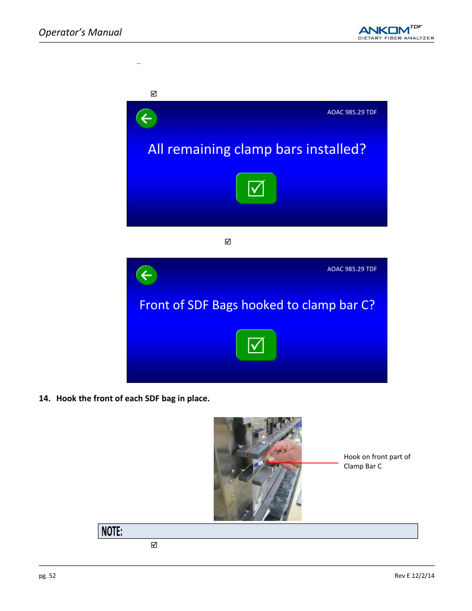 All remaining clamp bars installed, Front of sdf bags hooked to clamp bar c | ANKOM TDF Dietary User Manual | Page 52 / 96