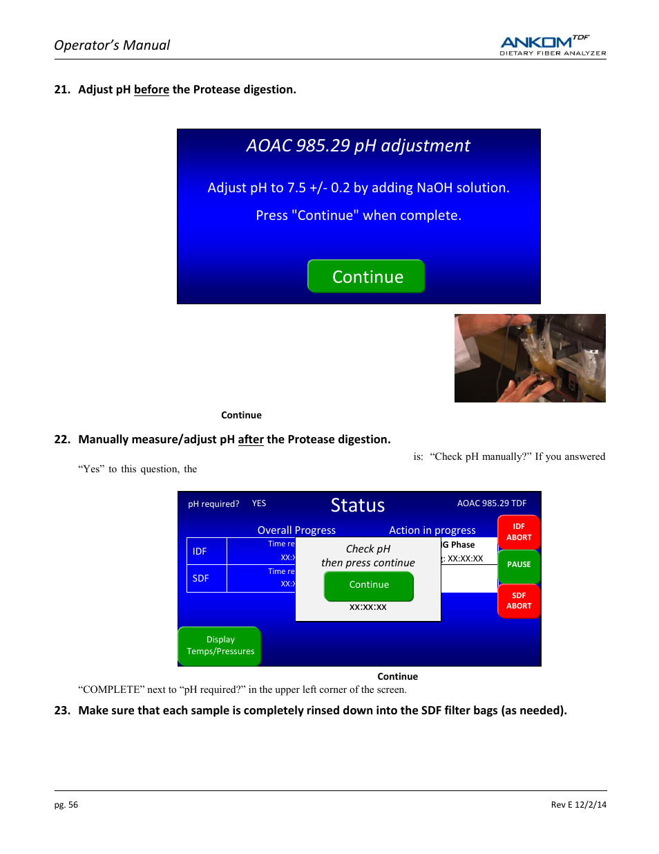 Status, Operator’s manual | ANKOM TDF Dietary User Manual | Page 56 / 96