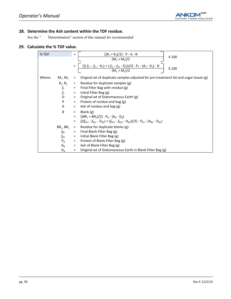 Operator’s manual, Determine the ash content within the tdf residue, Calculate the % tdf value | ANKOM TDF Dietary User Manual | Page 58 / 96