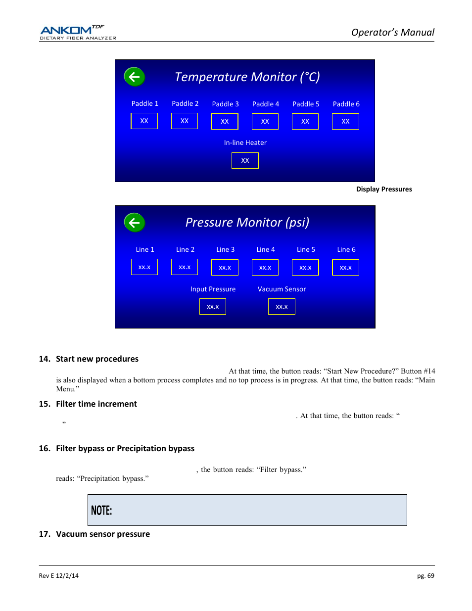 Pressure monitor (psi), Temperature monitor (°c), Operator’s manual | ANKOM TDF Dietary User Manual | Page 69 / 96
