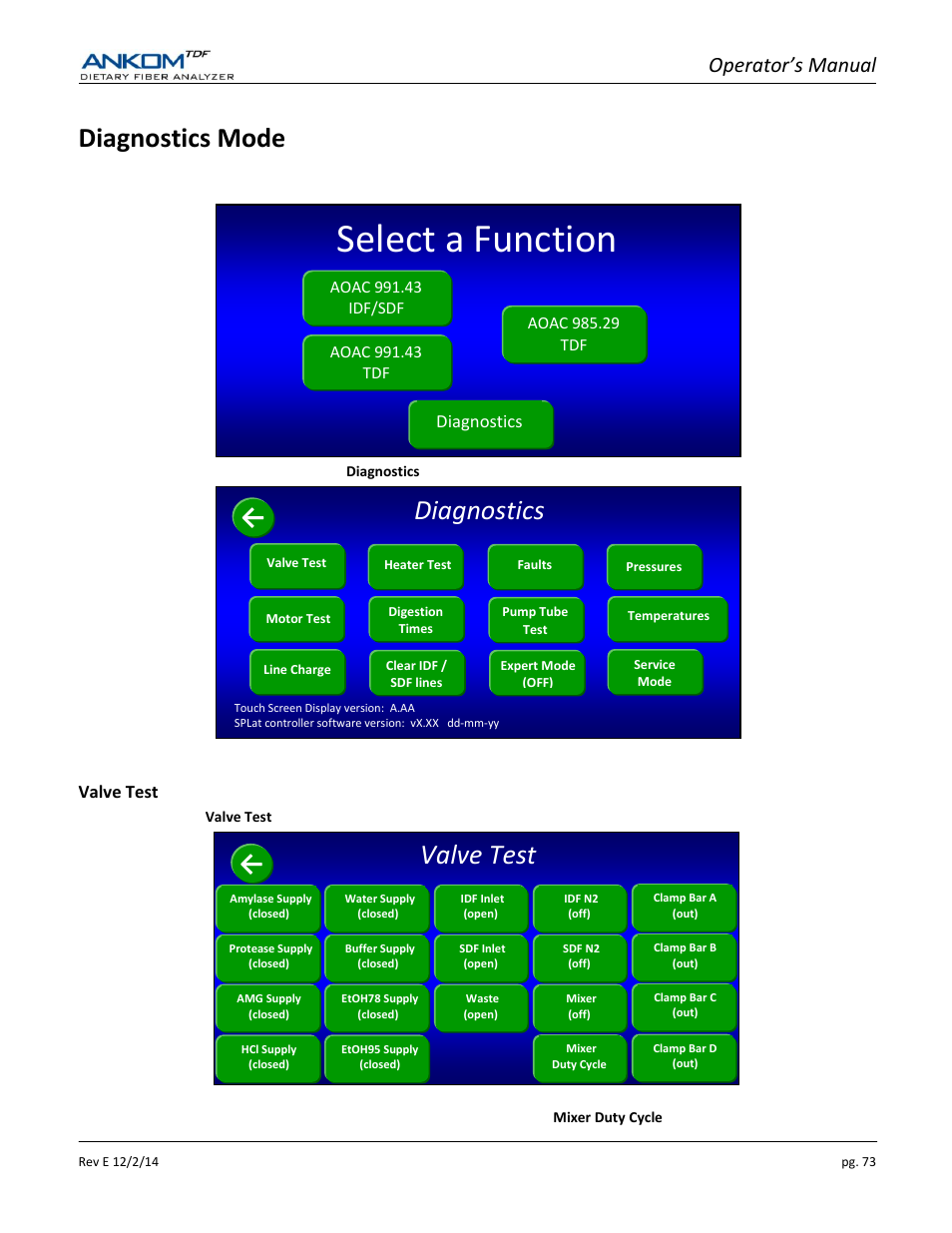 Diagnostics mode, Select a function, Valve test | Diagnostics, Operator’s manual | ANKOM TDF Dietary User Manual | Page 73 / 96