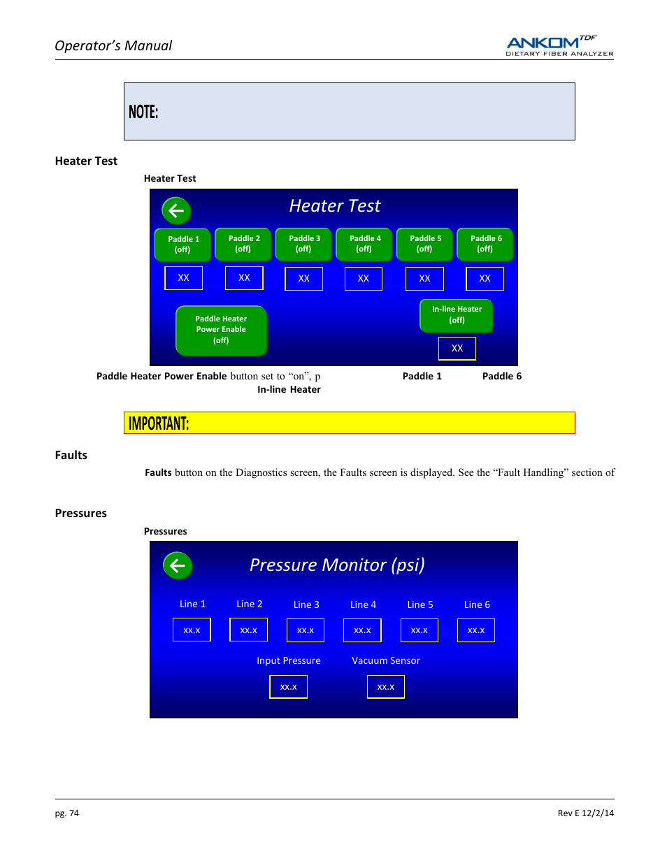 Pressure monitor (psi), Heater test, Operator’s manual | ANKOM TDF Dietary User Manual | Page 74 / 96