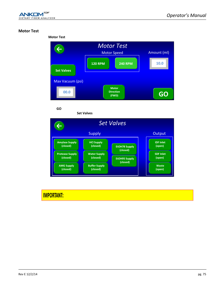 Set valves, Motor test, Operator’s manual | ANKOM TDF Dietary User Manual | Page 75 / 96