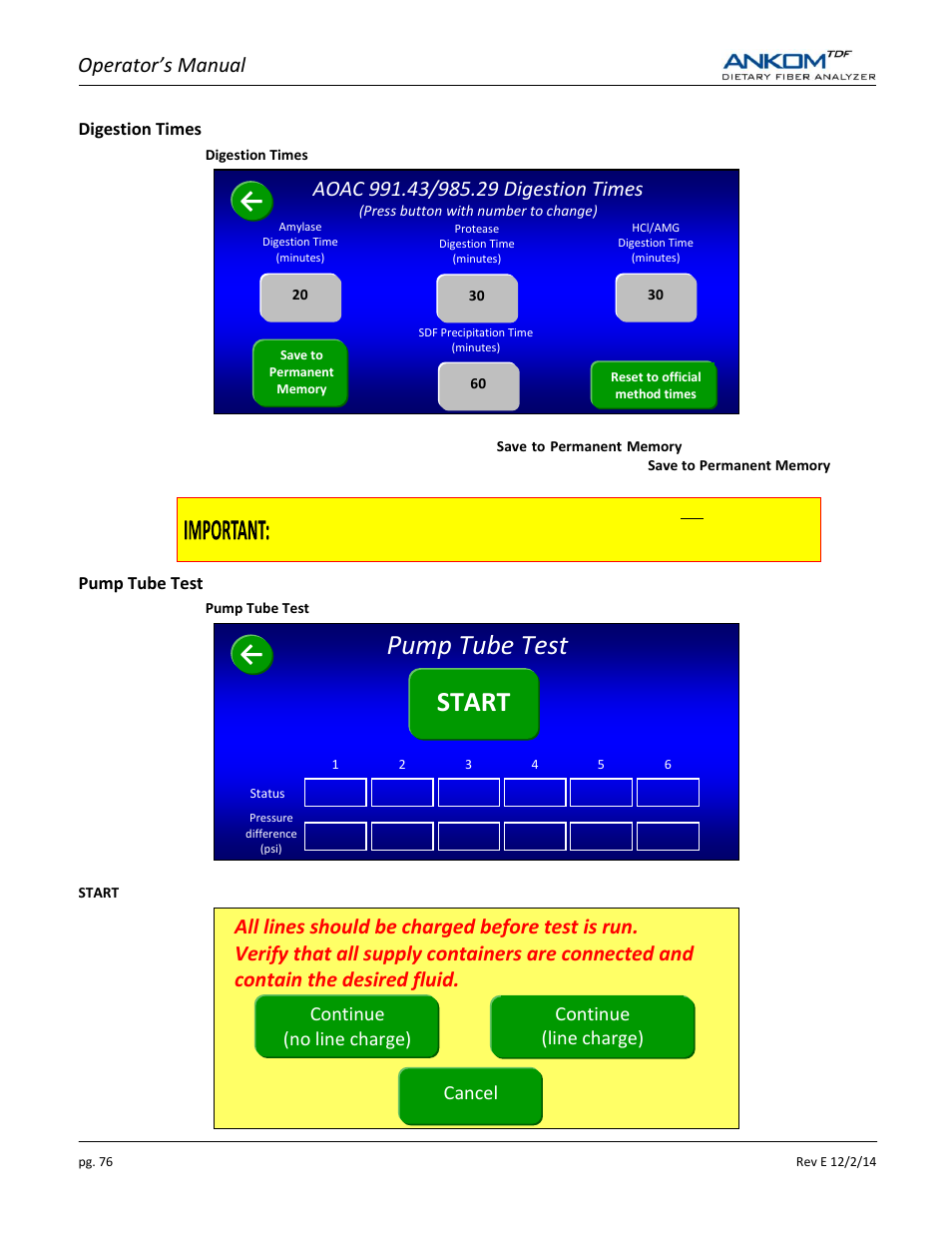 Pump tube test start, Operator’s manual | ANKOM TDF Dietary User Manual | Page 76 / 96