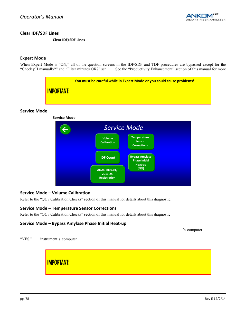 Service mode, Operator’s manual | ANKOM TDF Dietary User Manual | Page 78 / 96