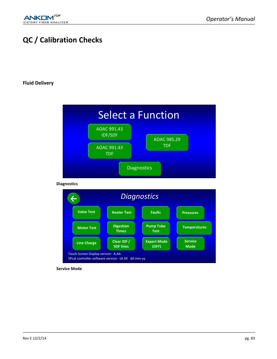 Qc / calibration checks, Select a function, Diagnostics | Operator’s manual | ANKOM TDF Dietary User Manual | Page 83 / 96