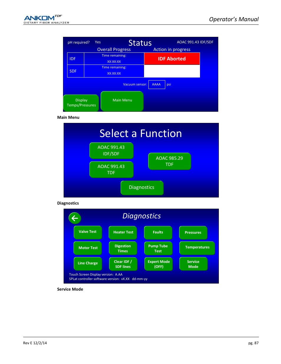 Select a function, Status, Diagnostics | Operator’s manual | ANKOM TDF Dietary User Manual | Page 87 / 96