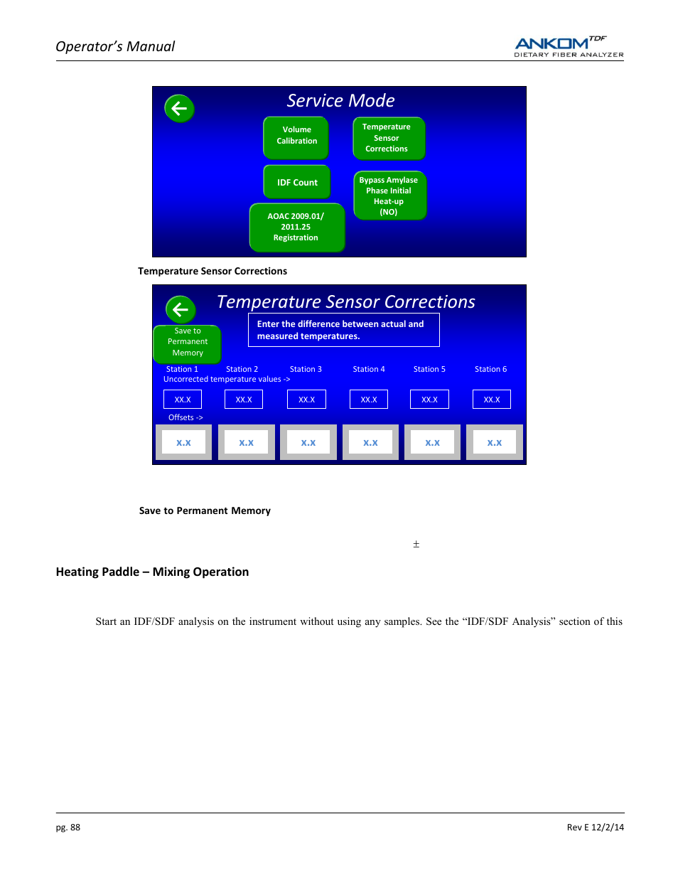 Temperature sensor corrections, Service mode, Operator’s manual | ANKOM TDF Dietary User Manual | Page 88 / 96