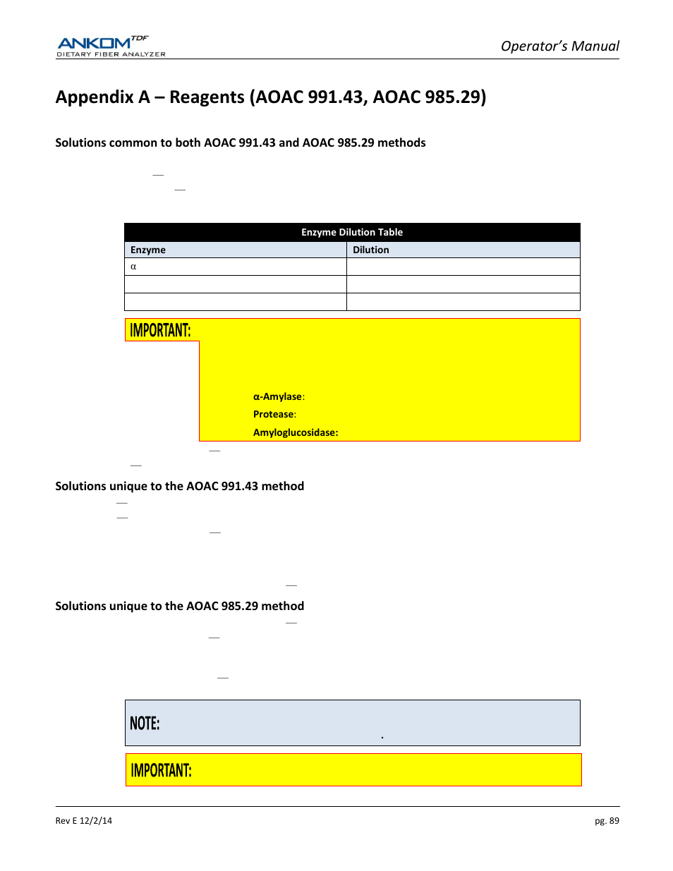 Appendix a – reagents (aoac 991.43, aoac 985.29), Operator’s manual | ANKOM TDF Dietary User Manual | Page 89 / 96
