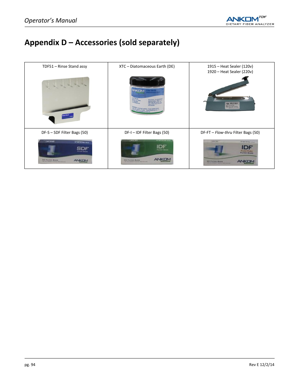 Appendix d – accessories (sold separately), Operator’s manual | ANKOM TDF Dietary User Manual | Page 94 / 96