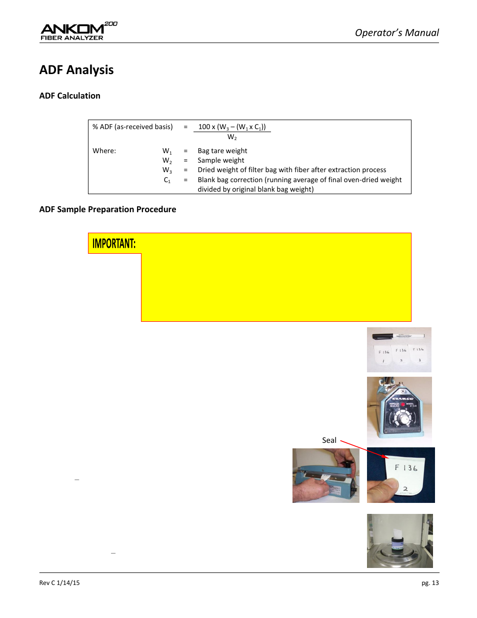 Adf analysis, Operator’s manual | ANKOM 200 Series User Manual | Page 13 / 40