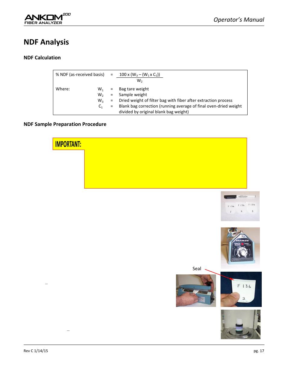 Ndf analysis, Operator’s manual | ANKOM 200 Series User Manual | Page 17 / 40