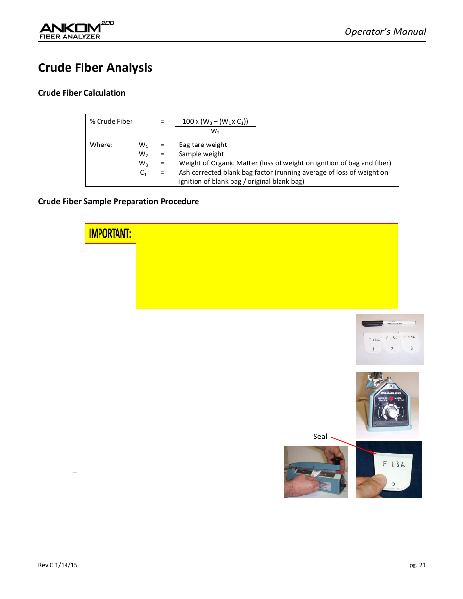 Crude fiber analysis, Operator’s manual | ANKOM 200 Series User Manual | Page 21 / 40