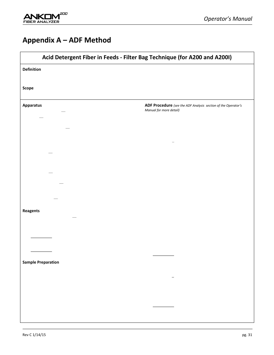 Appendix a – adf method, Operator’s manual | ANKOM 200 Series User Manual | Page 31 / 40