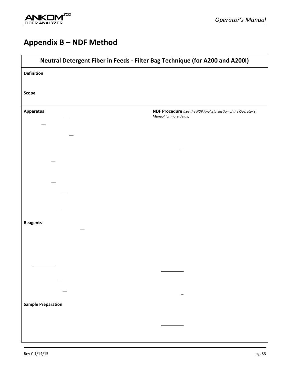 Appendix b – ndf method, Operator’s manual | ANKOM 200 Series User Manual | Page 33 / 40