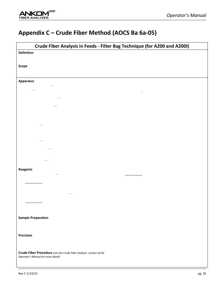 Appendix c – crude fiber method, Appendix c – crude fiber method (aocs ba 6a-05), Operator’s manual | ANKOM 200 Series User Manual | Page 35 / 40