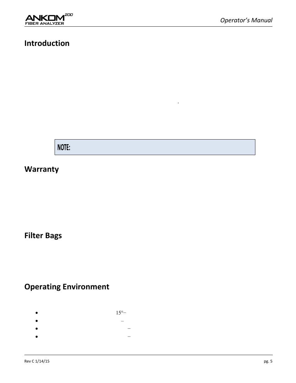 Introduction, Warranty, Filter bags | Operating environment, Operator’s manual | ANKOM 200 Series User Manual | Page 5 / 40