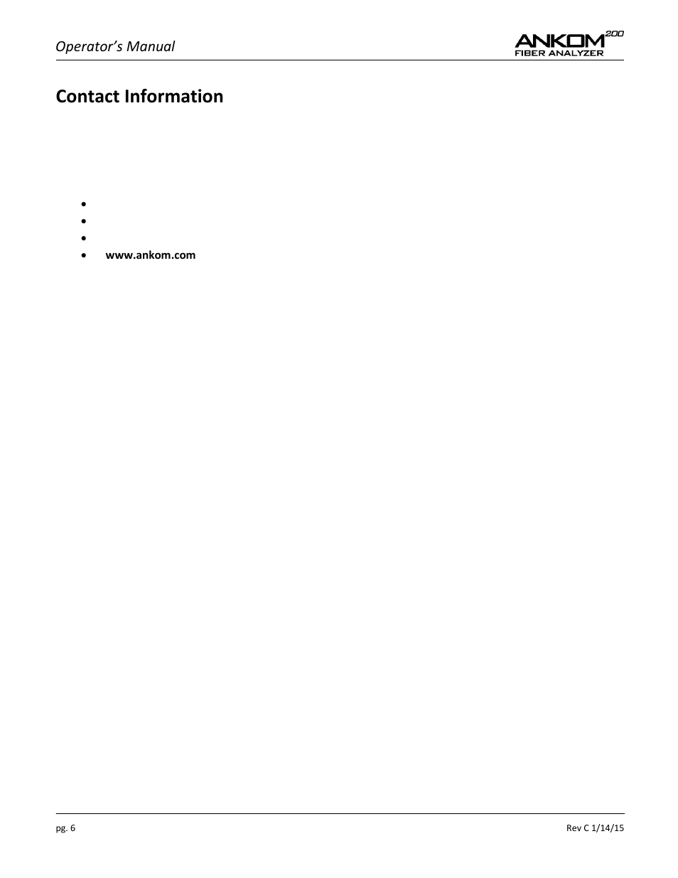 Contact information, Operator’s manual | ANKOM 200 Series User Manual | Page 6 / 40