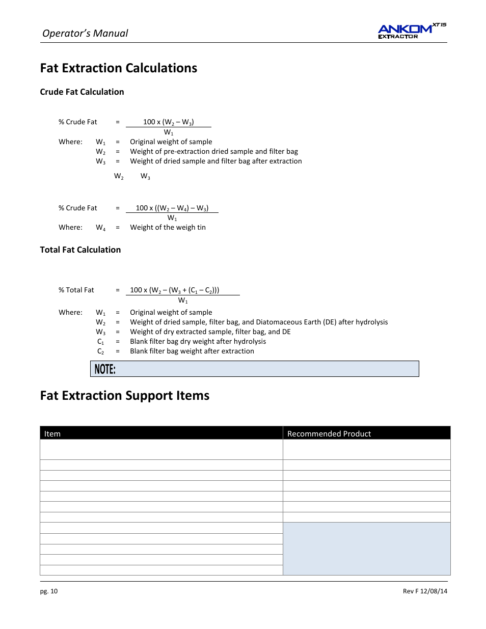 Fat extraction calculations, Fat extraction support items, Operator’s manual | ANKOM XT15 Series User Manual | Page 10 / 32