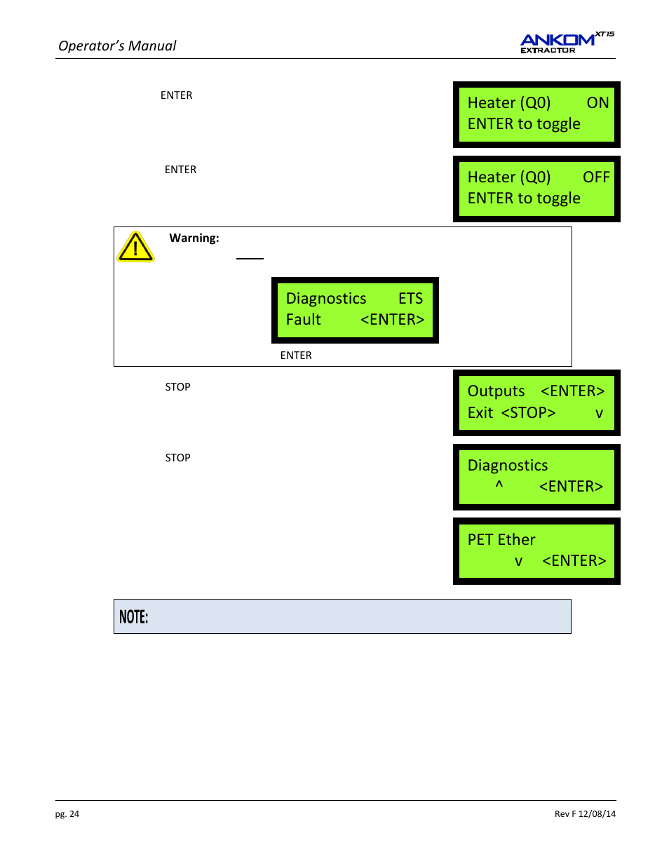 Pet ether v <enter, Diagnostics ^ <enter, Outputs <enter> exit <stop> v | Diagnostics ets fault <enter, Heater (q0) off enter to toggle, Heater (q0) on enter to toggle | ANKOM XT15 Series User Manual | Page 24 / 32